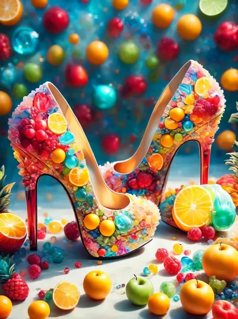 creative avant-garde fashionable high-heeled shoes inspired by fruits , material used is colored acrylic, rreallistic, Ultrasharp photography, hd wallpaper, low depth of field photography, bokeh effect