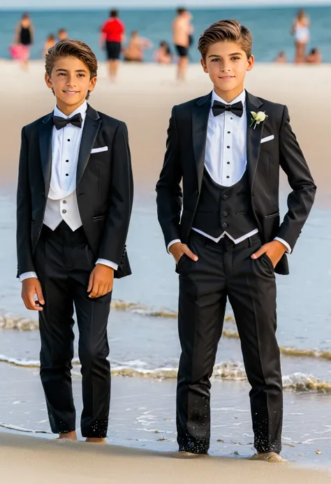 beautiful and realistic 14 year old boys in tuxedos on the beach, caras ultra detalladas, red de voleibol en segundo plano., fot...