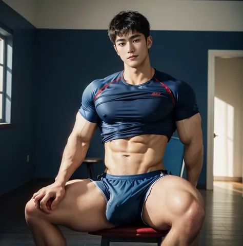 1 handsome Japanese guy, manly，super realistic, tall, 20 years old，strong sport body, sexy , detailed muscles, Who is Shi Yu?, Li Yuanbin, Kim Hyung Tae, Kim Hyung Tae,,Kim Hyung Tae, Yin Shishan,  man wearing a open blue shirt and shorts, naked chest, big...