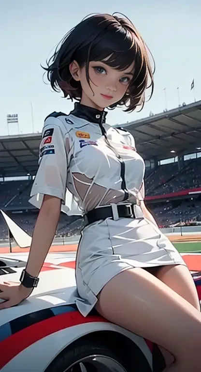 1girl in , solo,White long boots,、 Ridge Racer、short-cut、Pit Girl、Race Queen、(No belt White Miniskirt One-Piece dress:1.4)、(see -through:1.4)、Slender body、A dark-haired、A smile、full body Esbian、Skirt with checkerboard pattern, masterpaintings, best qualtiy...