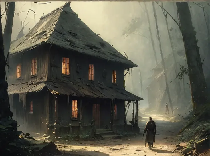 there is a solo man walking in the woods with a backpack, old house, stefan koidl inspired, bussiere rutkowski andreas rocha, by maxim verehin, inspired by maxim verehin, inspired by Tomasz Jedruszek, dark cinematic concept art, eerie nostalgic concept art...