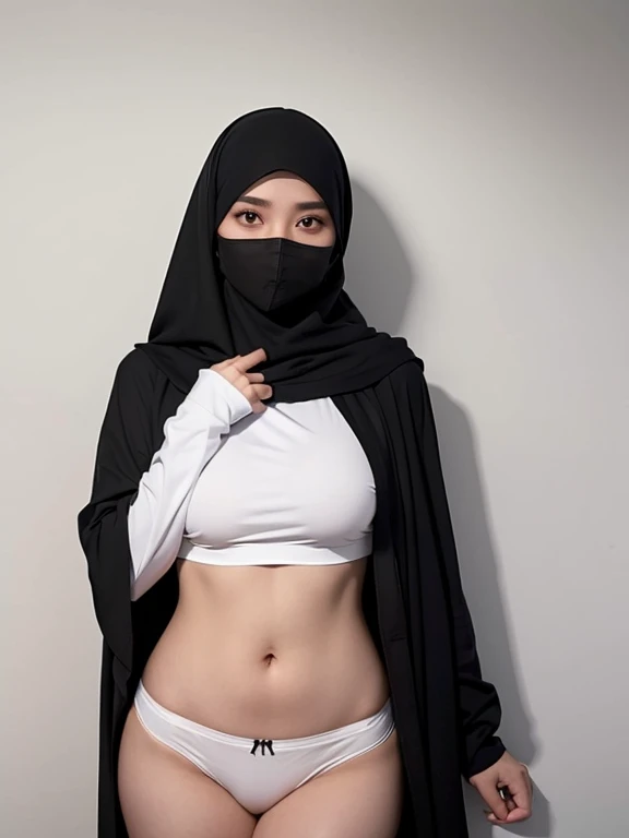 a girl wearing black hijab at home.. wearing white long sleeves oversize crop top.. wearing white face mask... wearing g string underwear.. no pants.. she lay on a wall.. her hands above her head.. soft stomach.. less lighting