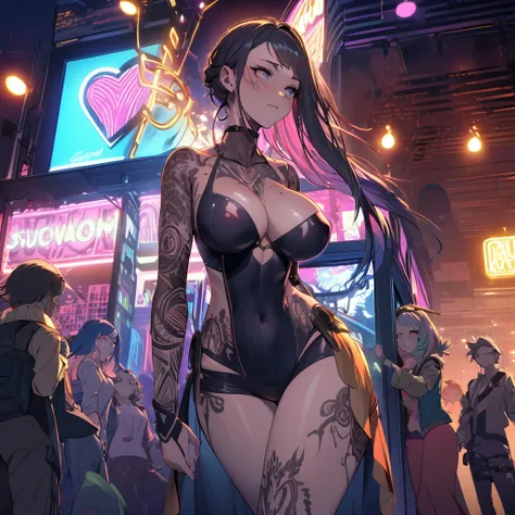 Exquisitely-crafted android assassin in a crowded neon-lit, futuristic nightclub with ornate steampunk decor, she moves through a energized crowd (loads of nubile raver women(varied height, varied weight, varied hair, varied prettiness, varied breast size,...