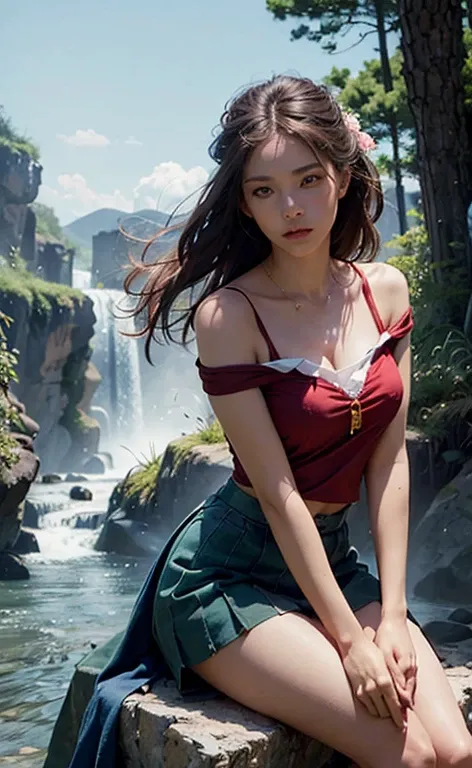 {{{masterpiece}}},{{full body}}, girl sitting, fairyland,waterfall,from above,dynamic angle ,{extremely detailed CG unity 8k wallpaper},best quality,Amazing,finely detail,solo,cinematic lighting,close-up,outdoors,sky,{{wind}},detailed background,beautiful ...