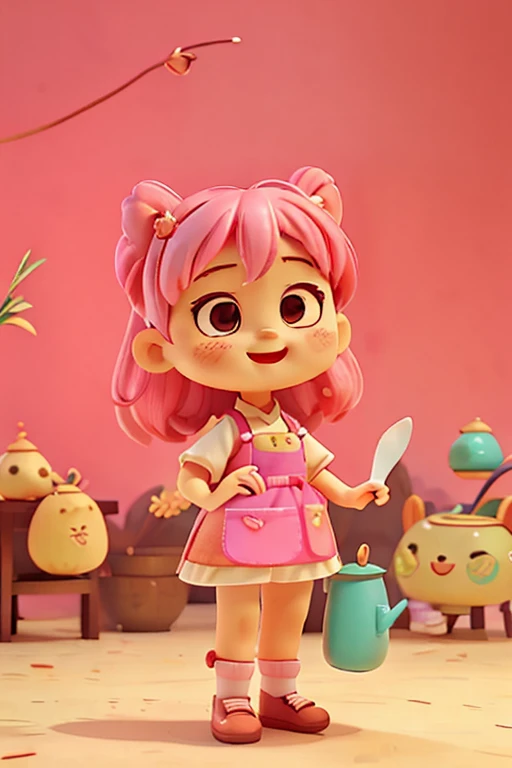 Little girl, cute, Guangdong morning tea, shrimp dumplings, shrimp, wearing an apron, holding a shovel in hand, light pink hair, versatile standing posture, IP, blind box, laughing happily, with a three head body ratio, front, back, side view