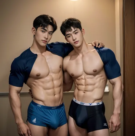 2 handsome chinese guy cuddling, manly，super realistic, tall, 20 years old，strong sport body, sexy , detailed muscles, Who is Shi Yu?, Li Yuanbin, Kim Hyung Tae, Kim Hyung Tae,,Kim Hyung Tae, Yin Shishan,  man wearing no shirt and shorts, naked chest, big ...