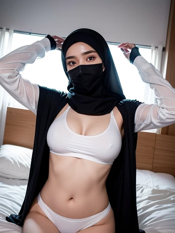 a girl wearing black hijab at home.. wearing white long sleeves oversize crop top.. wearing white face mask... wearing g string underwear.. no pants.. she lay on a bed.. her hands above her head.. soft stomach.. less lighting