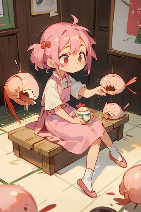 Little girl, cute, Guangdong morning tea, shrimp dumplings, shrimp, wearing apron, light pink hair, sitting posture, IP, blind box, aggrieved, proportion three headed body, Q version