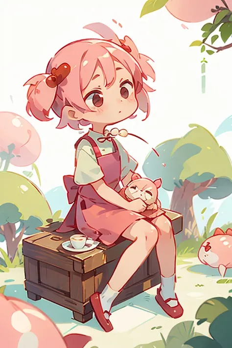 Little girl, cute, Guangdong morning tea, shrimp dumplings, shrimp, wearing apron, light pink hair, sitting posture, IP, blind box, aggrieved, proportion three headed body, Q version