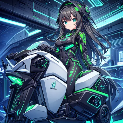 Best image quality, Excellent details, Ultra-high resolution, (realism: 1.4), Best illustrations, Favorite Details, Very condensed one girl, Delicate and beautiful features, Wearing a black and green mech, Wearing a mecha helmet, Hold the directional contr...