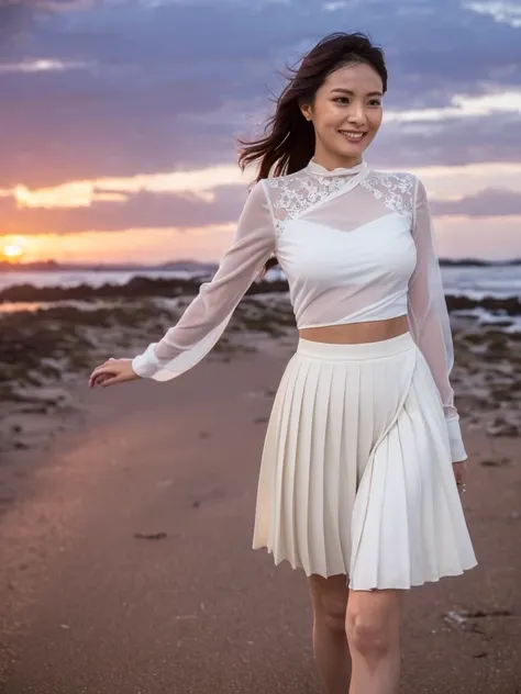 ((top quality)), ((8k)), ((masterpiece: 1.3)), (perfect appearance), (photorealism: 1.6), (japanese woman walking on the beach w...