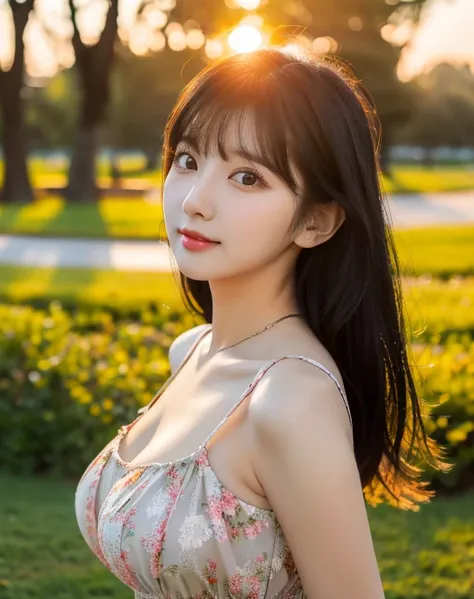 26 year old Korean pretty girl medium body big boob face clear black hair brown eyes colour full short dress photoshoot pose realistic beautiful girl 4k high quality realistic standing in park the sun is setting the atmosphere is good 