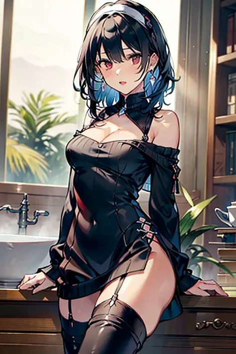 masterpiece, yor, 1girl, Amazing Cleavage:1.3, thin waist, big ass, Raised sexy, medium breast: 1.3 posed cleavage:1.2、solo, looking at viewer, open mouth, have a cup of coffee,black hair, red eyes, dress, bare shoulders, jewelry, collarbone, sidelocks, ha...