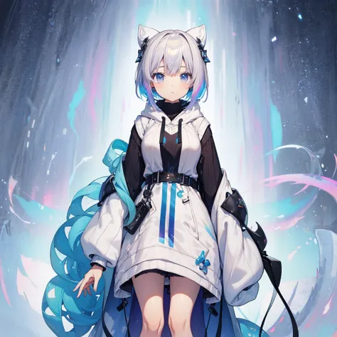 1 person girl、pleochroism、A loose-fitting jersey-style long hoodie in holographic colors、Ribbed knit cuffs and hem、Vtuber whole body、Milky white short hair、Standing figure facing the viewer、Simple Background、highest quality、Masterpiece、Official Art、8K、