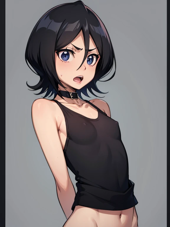 Black color hair, short hair, naked, skinny, black collar, flat torso, drawing of the face, 8k quality, beautiful face, front face view, shy, open mouth with tongue 