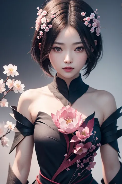 beautiful japanese young woman, wearing ninja armor, thick symmetrical features, very short hair, background is cherry blossoms, pink aura, red lips, octane render,