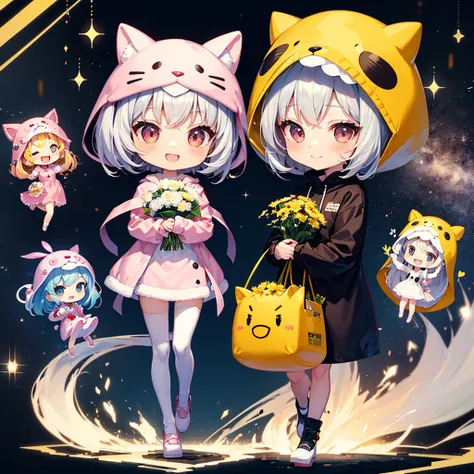 (Chibi: 1.3), happy, (holding a bouquet), full body, Kigurumi,