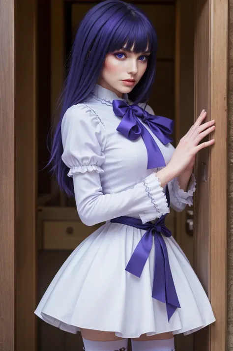 (masterpiece, best quality), 1girl, frederica bernkastel, purple eyes, purple hair, long hair, purple bow, dress, frills, white kneehighs,  kneehighs bow, mary janes, amazingly beautiful girl, 32k RAW photography, professional photoshoot,