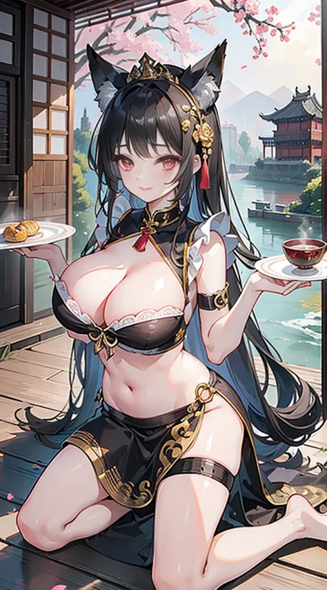 high quality, masterpiece, Ultra Detailed, Bottom View，1 girl,  Extremely detailed facial details,Navel，Black and gold maid costume，maid crown，White wedding tiara，Kneeling on the ground，Plate in hand，Red lips，handcuffs，collar，Calm expression,Smile，handcuff...