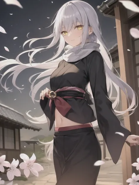 One girl with long mixed colored black, blue and white hair with two wavy black horizontal lines on one side of the head, Large and yellow eyes, with many rings in them, serious, kimono, Yuki Onna, midriff, evening, yokai, wearing a long white scarf with o...