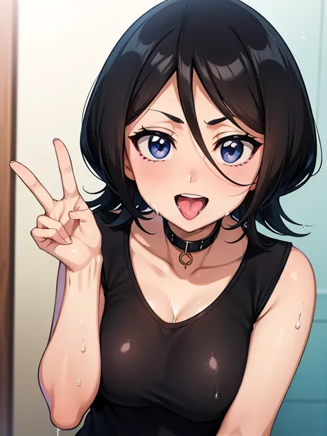 Black color hair, short hair, black collar, drawing of the face, 8k quality, beautiful face, head, shy, open mouth with tongue, happy smiling, cum on tongue, cum on hair, cum on cheeks, bathroom, wet, wet hair 