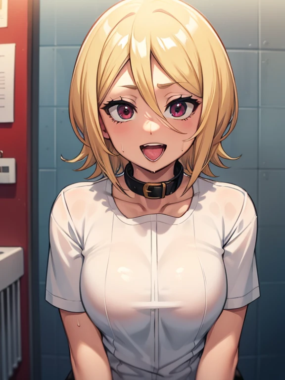 Blonde color hair, short hair, red eyes, black collar, drawing of the face, 8k quality, beautiful face, head, shy, open mouth with tongue, happy smiling, cum on tongue, cum on hair, cum on cheeks, bathroom, wet, wet hair 