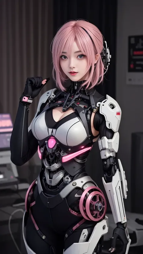 (masterpiece, best quality),  intricate details, 
1girl,      aira_shiratori_(dandadan),  pink hair, 
 reelmech, mechanical arms, wires, pistons, cyborg, prosthesis,