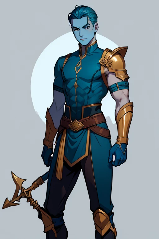 male, teal short slicked back hair, blue eyes, (((1boy))), (((blue skin tight shirt))), (brown gloves), (brown boots), (white pants), (gold shoulder guards), (whit half skirt with blue trim), handsome, long legs, muscular, chest exposed, holding trident