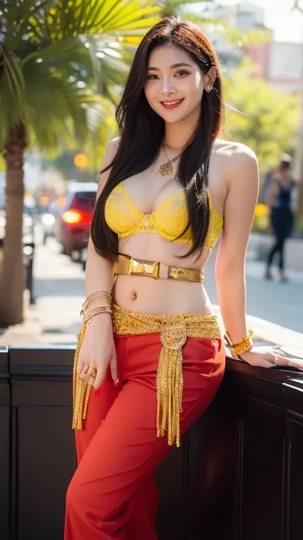 thin bra; ((belly exposed)); short pants to the crotch; metal-embellished outfit; extremely beautiful girl; red bra; ((black and yellow pants)); Stylish hand holding a handbag; ((smiling))