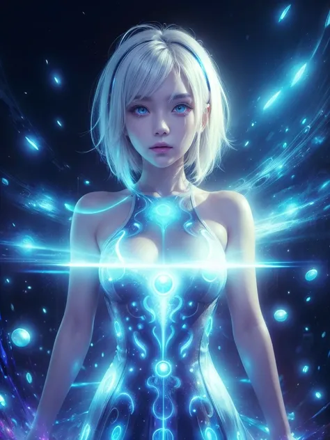 ((upper body)), best quality, masterpiece, a Japanese woman with ((Luminescence white hair)), ((detailed pearl blue eye)), high detailed goddess soul, focus on character, solo, (style swirl magic), solo, from front, front view, looking at viewer, detailed ...