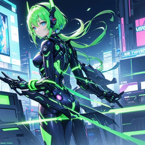 girl, Gazing into night coty,cyborg suit with green neon hilights, cute, sorrow, cyberpunk, T-back, blue eyes, hip, Moe,