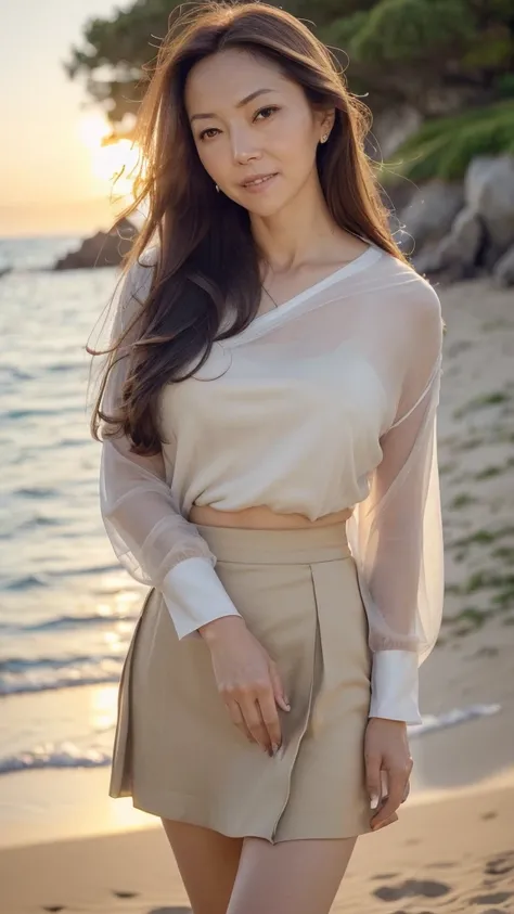 ((Top Quality)), ((8K)), ((Masterpiece: 1.3)), (Perfect Appearance), (Photorealism: 1.6), (Japanese woman walking on the beach with the sunset in the background: 1.4), (sandy beach at sunset), (The sea dyed red by the sunset), (The setting sun is dazzling)...