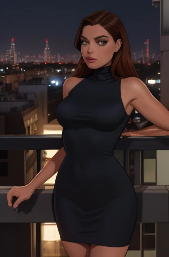 mndngwmn, (3/4 body), (ultra realistic,32k, masterpiece:1.2),(high quality), wearing a turtleneck bodycon dress, on a balcony at night with city on background