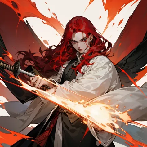 Araped image of a red-haired woman holding a cane, a character portrait by Yang J, pixiv, fantasy art, Handsome man in demon slayer art, Demon Slayer Artstyle, beautiful male grim reaper, beautiful androgynous prince, Demon Slayer Louis Fan Art, handsome j...