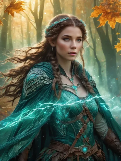 An elven ranger draws a glowing teal bow, braided autumn hair and cloak blowing dramatically. Intricate leaf-shaped armor glints in the mystical forest mist behind her. A wolf stands stalwartly by her side, ready for adventure. Dynamic fantasy landscape, r...