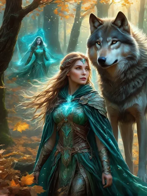 an elven ranger draws a glowing teal bow, braided autumn hair and cloak blowing dramatically. intricate leaf-shaped armor glints...