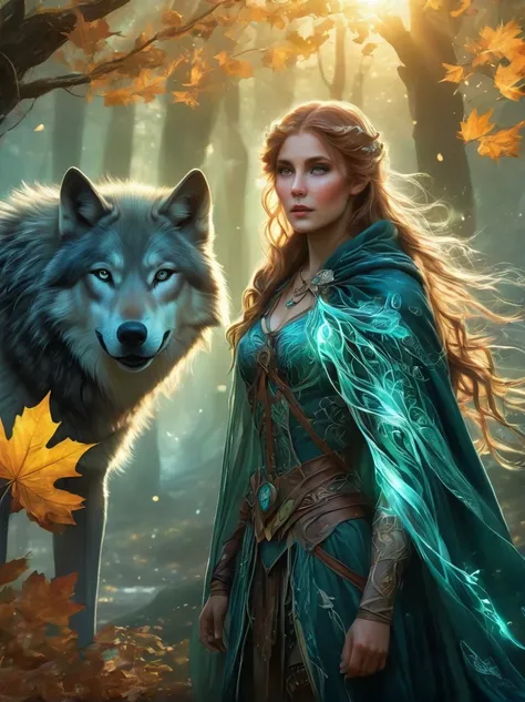 an elven ranger draws a glowing teal bow, braided autumn hair and cloak blowing dramatically. intricate leaf-shaped armor glints...