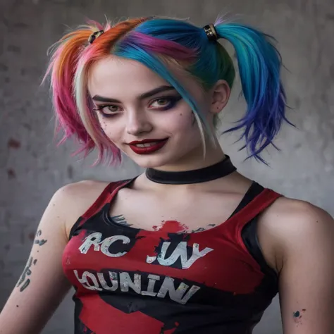 a close up of a teenager with colorful hair and a black top, portrait of harley quinn, 