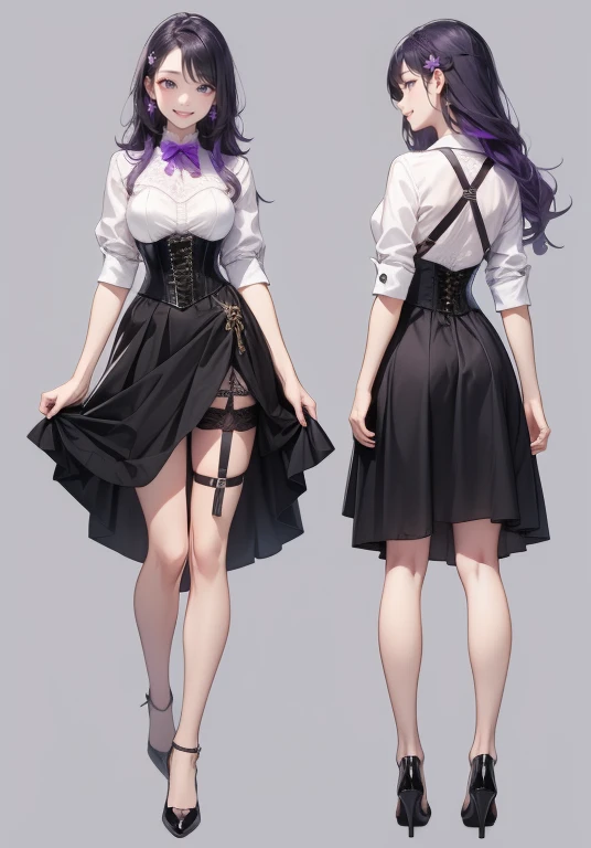 purple hair,long hair,adult female,bartender,((body harness)),((rolling up your sleeves shirt)),(corset),(tight skirt),garter be...