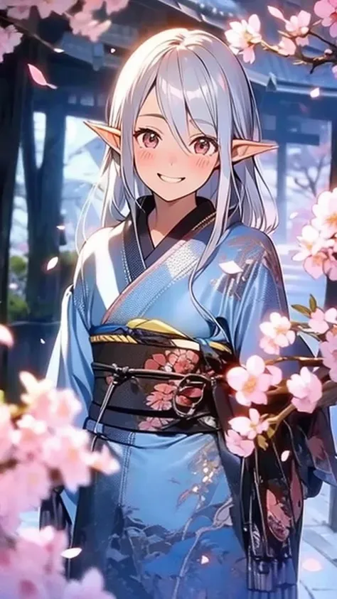 1 elf woman, very dark tanned skin, beautiful silver hair, pointed ears, beautiful red eyes, japanese kimono, cherry blossoms, u...