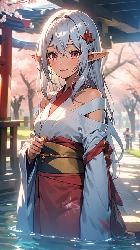 an elf woman, tanned brown skin, beautiful silver hair, pointed ears, beautiful red eyes, japanese kimono, cherry blossoms, uppe...