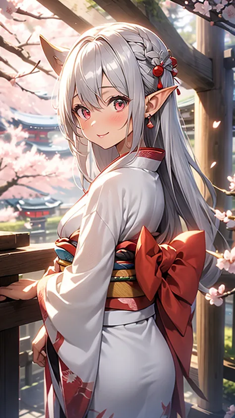 An elf woman, tanned brown skin, beautiful silver hair, pointed ears, beautiful red eyes, Japanese kimono, cherry blossoms, upper body depiction, friendly smile, lips open, upward gaze, looking at the viewer, 8K,