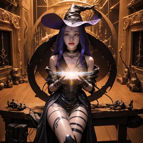 depicts a modern-day witch who has embraced the world of cybernetics to enhance her magical abilities. The artwork should convey the enchanting blend of traditional witchcraft and futuristic technology. Here are some specific elements to include:

The Witc...