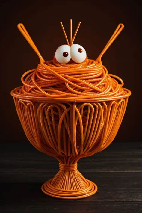 An anthropomorphic bowl of orange spaghetti, its vibrant strands forming arms and legs, expresses surprise with large eyes and an open mouth. It sits on a dark brown table against a deep red background, a fork waiting nearby.