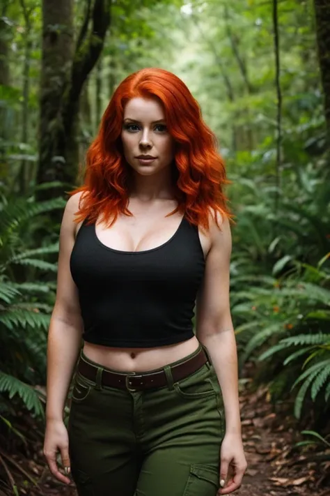 a determined redheaded warrior in the middle of a lush forest, her vibrant hair contrasting with the natural tones.