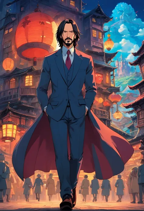 John Wick in howls moving castle,at china, by Studio Ghibli,Directed by Hayao Miyazaki,Starring Keanu Reeves,