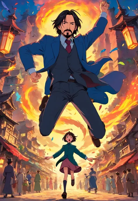 John Wick in howls moving castle,at china, by Studio Ghibli,Directed by Hayao Miyazaki,Starring Keanu Reeves,