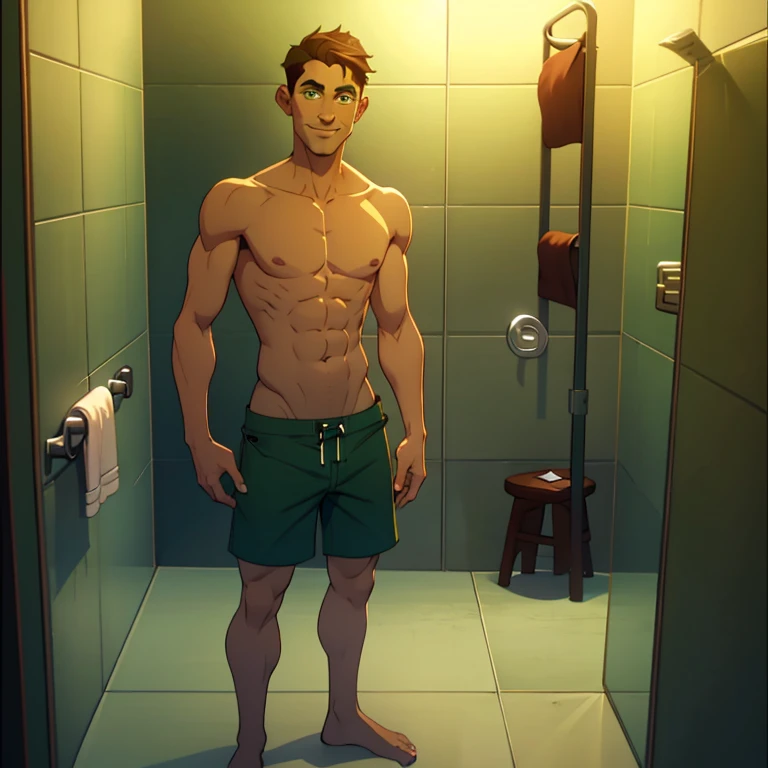 jon, a young guy in his 30s with asymmetric very short brown hair, green eyes with brown specs, a flat nose, smooth skin, slim athletic body, ((full body, standing in bathroom, nude upper body, green swim trunks)), smiling 