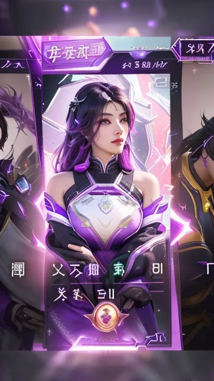 a close up of a card with a woman in a purple outfit, epic battle screen of hero, character splash art, kda, xianxia hero, overwatch character, overwatch design, iconic character splash art, wild rift, portrait knights of beautiful girl, artgerm style, ove...