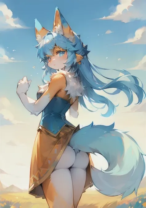 Fluffy, Lovely, woman, Blue fur, Small amount of orange fur, Light blue pupils, Pure white ears，Ear tip orange，Sky blue tail, Tail tip orange, Good shape, Bright sky, cloud, grassland, Solitary, 在grassland上
